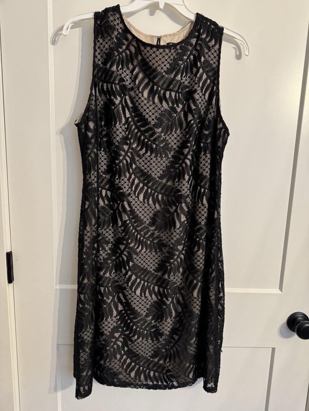Sharagano LBD Bodycon Mini Cocktail Dress Size W 18 Black Lace over Nude